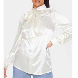 pretty little thing cream oversized satin shirt